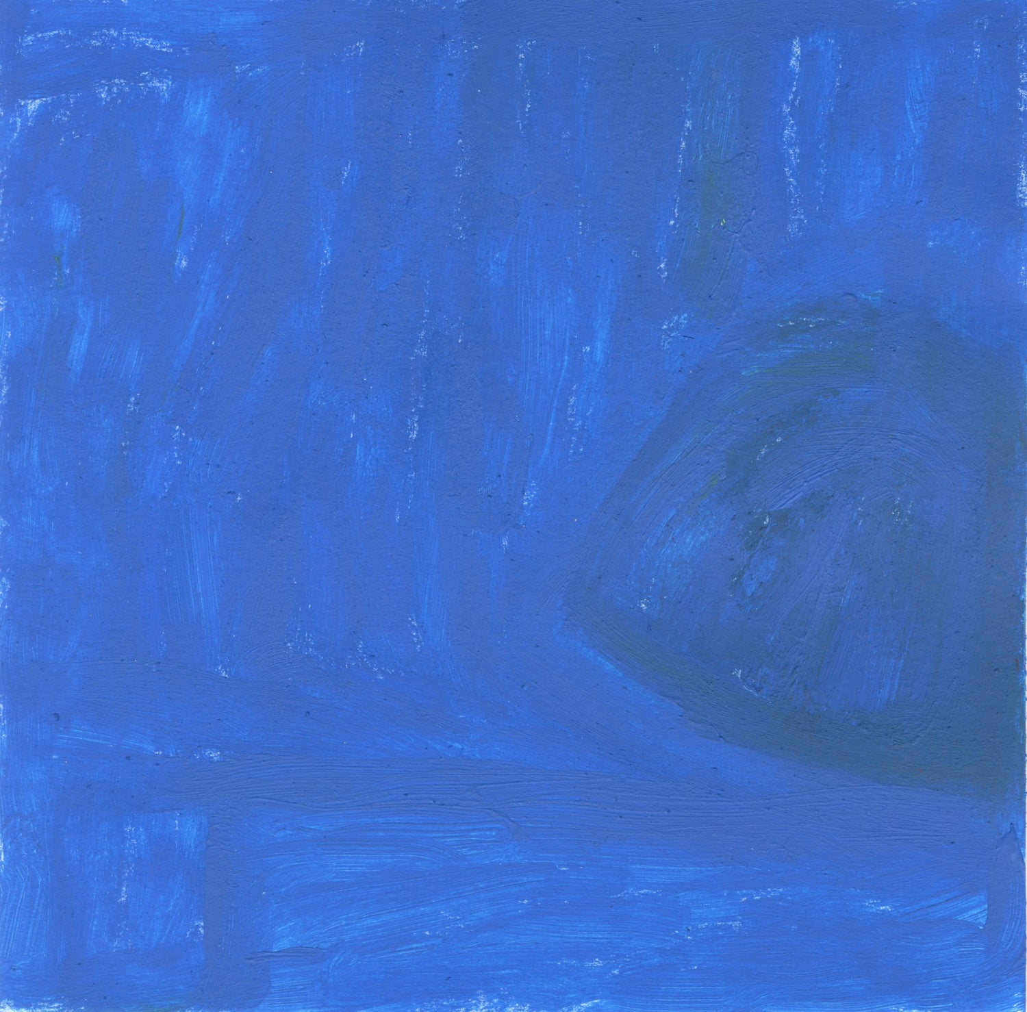 a monochromatic painting on a square canvas. the entire surface is covered in a textured layer of striking bright blue paint.