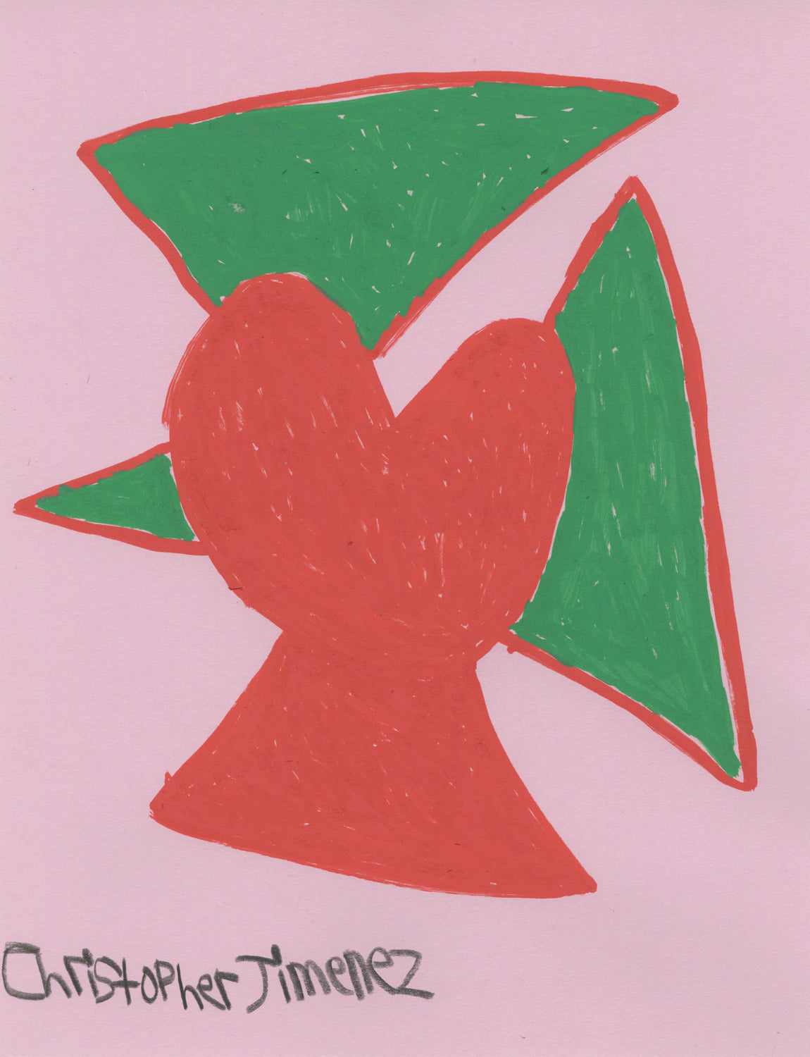 A red heart drawn in marker on pink paper. Under the heart is a triangle-like base. On both sides and above the heart are greet triangles with red outlines. The artist's name, Christopher Jimenez, is written on the lower left corner. 