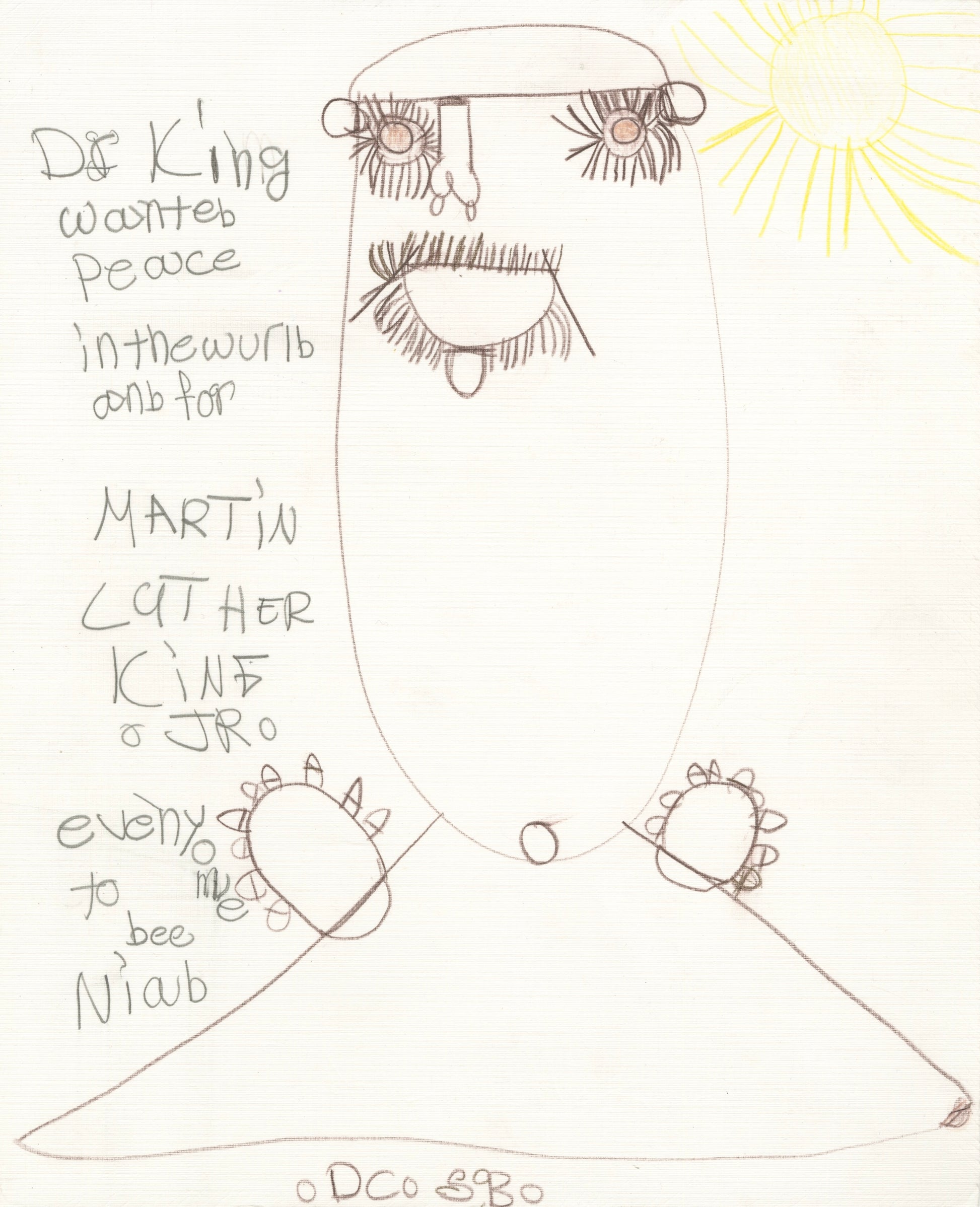 a drawing on paper of a large smiling face and a shining yellow sun. The figure represents Dr. Martin Luther King Jr, and there is handwritten text to the left of the portrait detailing his hopes for peace. 