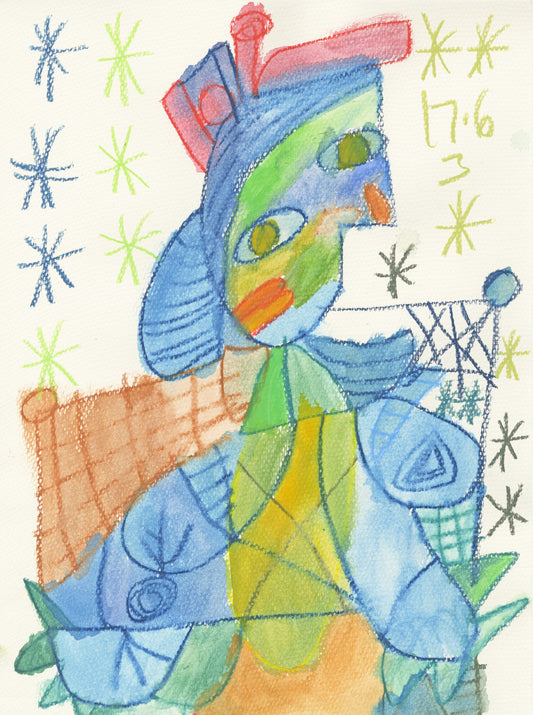 a scan of a watercolor painting on paper. The image is of a seated figure with blue skin and a green and orange blouse, drawn in profile in the style of Picasso. There are asterisk stars and numbers drawn in the background. 