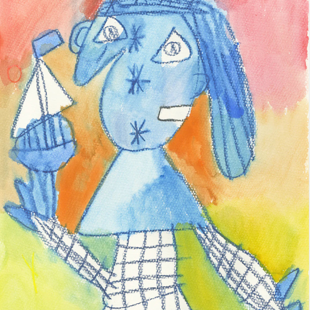 A watercolor and pencil drawing on paper. The image is of a figure with a blue face and a blue and white checkered outfit. They are holding a small sailboat. The space behind them is painted with green, red, and orange watercolors. 