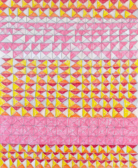 row after row after row of boxes divided into diamonds divided into triangles, in alternating sherbet shades of pink, orange, yellow, along with some gray and bright red.