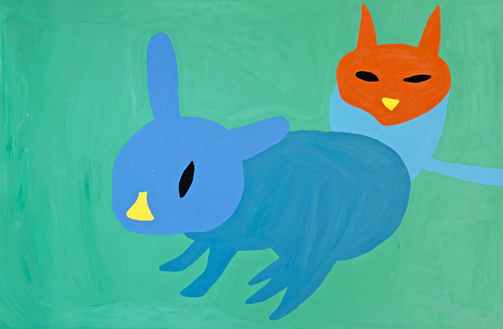 a bright acrylic painting on paper. The paint is applied in a flat and graphic style. The image shows two animals that resemble a rabbit and a cat sitting on a green background. The larger animal in the center has a bright blue head with long ears and a darker blue body with four legs. The second animal is behind and to the right of the first. It has a bright red head with pointed ears and a light blue body with a long tail. Both animals have yellow triangle noses and black eyes. 