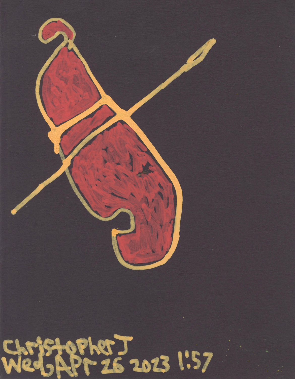 A brick-red oblong shape that resembles a shrimp, holding a spear, on black paper. The shape is outlined and bisected in gold ink. On the bottom left corner is the artist's name, Christoper J, and the date, Wednesday, April 26th, 2023, and time, 1:57 in gold ink. 