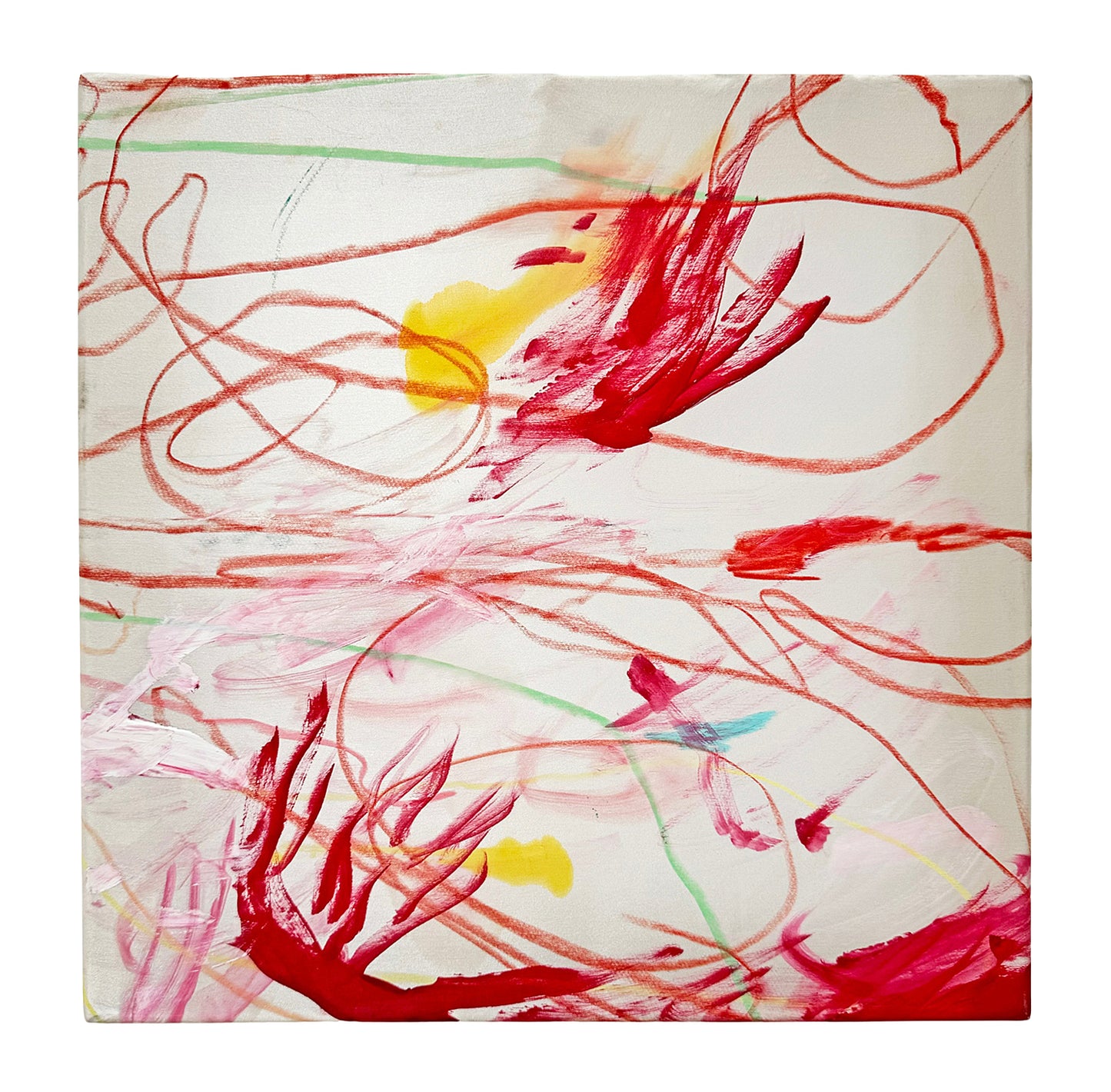 An abstract mixed-media painting on a square canvas. Much of the raw canvas is visible, and a long red line drawn with oil pastel curls across the surface. Thick short strokes of red, white, and yellow paint feature sparsely along the edges and layered near the center. The painted shapes communicate the artist's energetic gestures. 