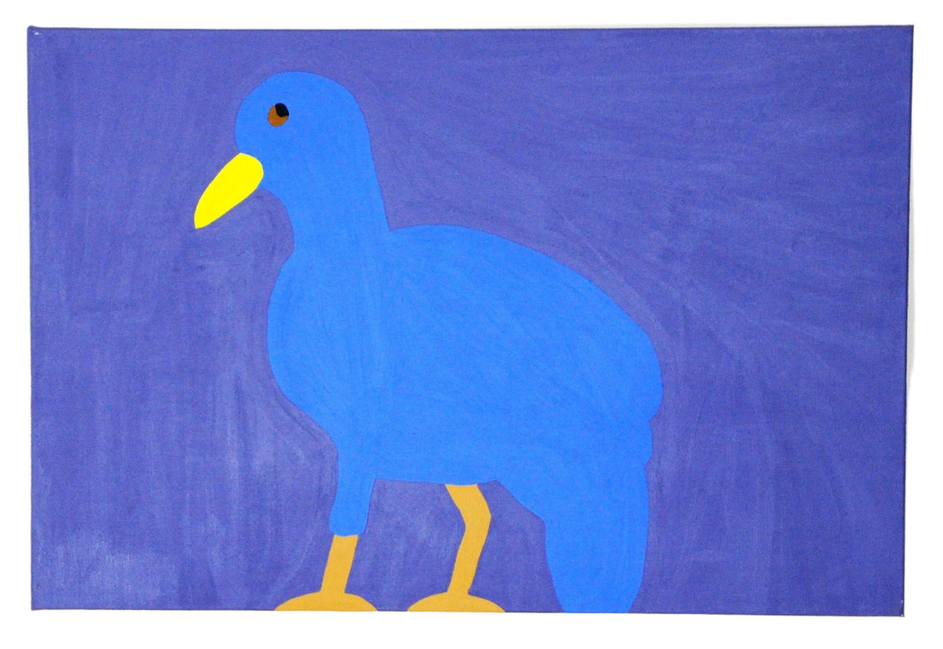 A painting of a blue bird on a purple backdrop. The bird stands in profile and has a yellow beak, copper eye, and yellow feet. The entire image is streamlined and rendered very flatly to emphasize the outer edges of each shape.