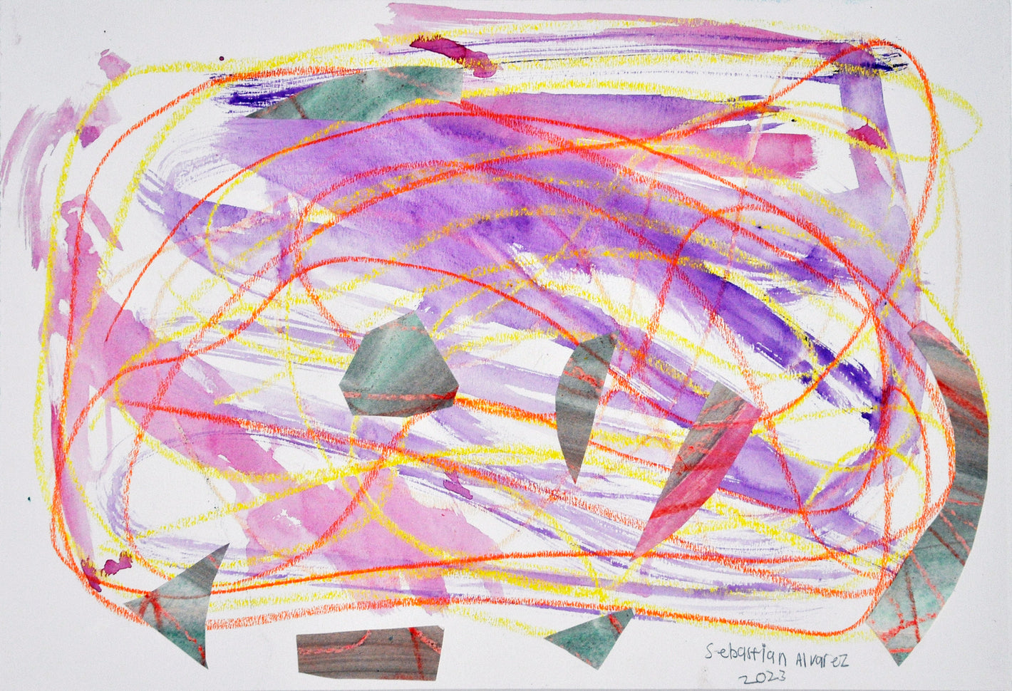 A work on paper that includes paint, wax crayon, and collaged shapes. The first layer of the work is a semi-translucent swirl of purple and pink paint. Cut shapes of paper are clustered around the bottom half. A long swirling line of red and yellow crayon spans the entire image, on top of the paint and added paper. The artist signed and dated the work on the bottom right corner. 