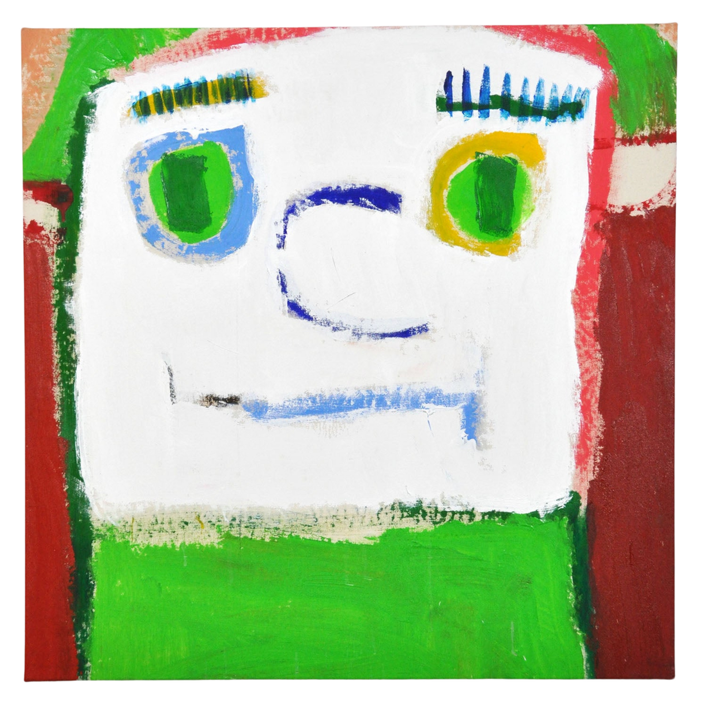 Painting of a square shaped face that takes up the majority of the composition. The face is large and white, with green eyes and rings of yellow surrounding the one on the right and blue circling the eye on the left. There is a straight, pale blue line for the mouth. There are blocks of color around the face that are predominantly bright green, like the face's eyes, and brick red. 