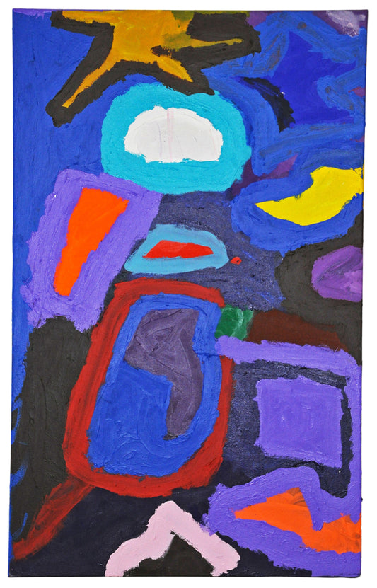 A vertically-oriented painting - semi-abstract sun shape shining down on objects with heavy outlines. Blue predominates, with zips of red, yellow, orange and pink.