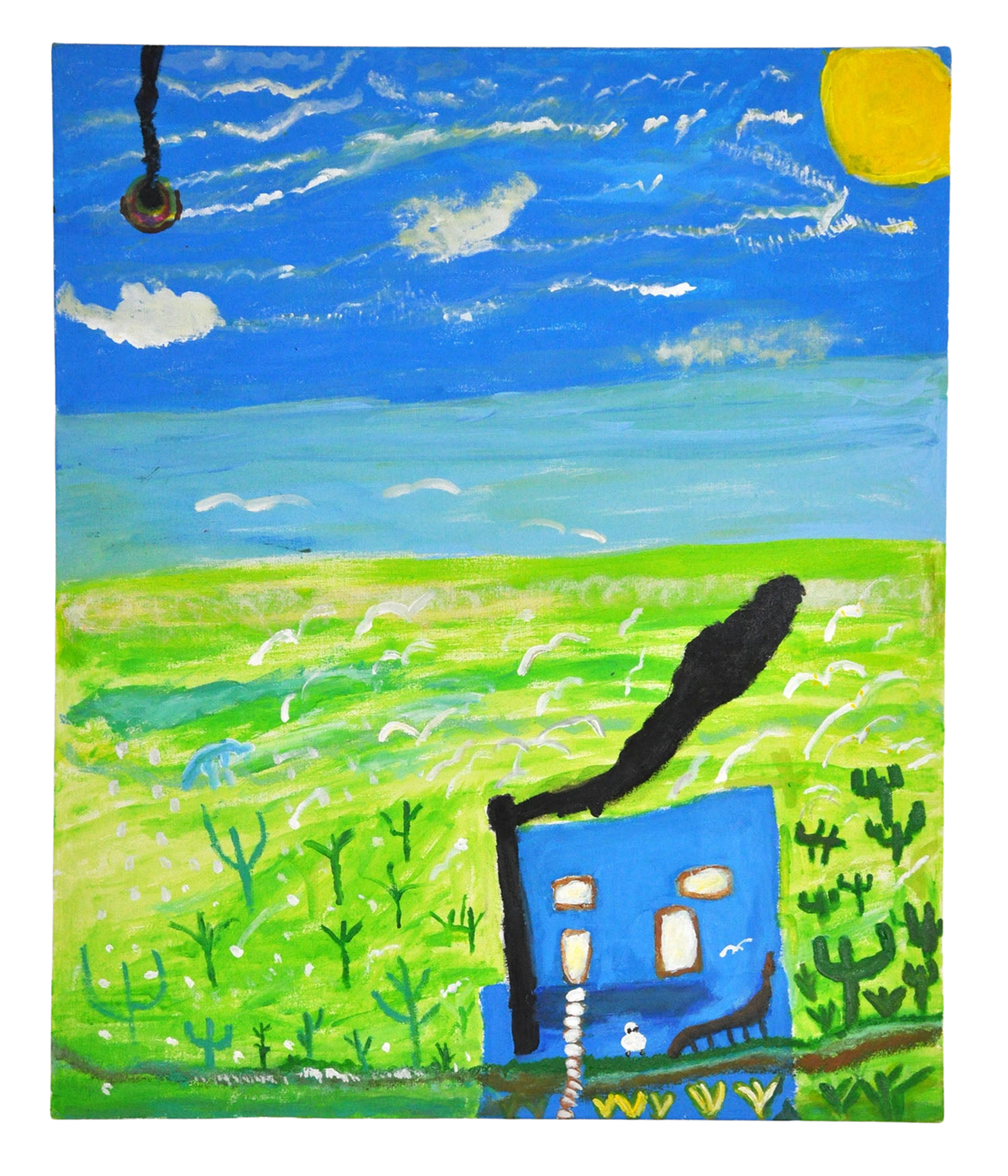 rectangular painting with a gradient blue sky and yellow-green grass. A square blue house with four white windows and black chimney smoke sits at the bottom left corner of the surface. 