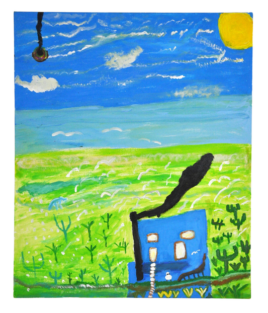 rectangular painting with a gradient blue sky and yellow-green grass. A square blue house with four white windows and black chimney smoke sits at the bottom left corner of the surface. 