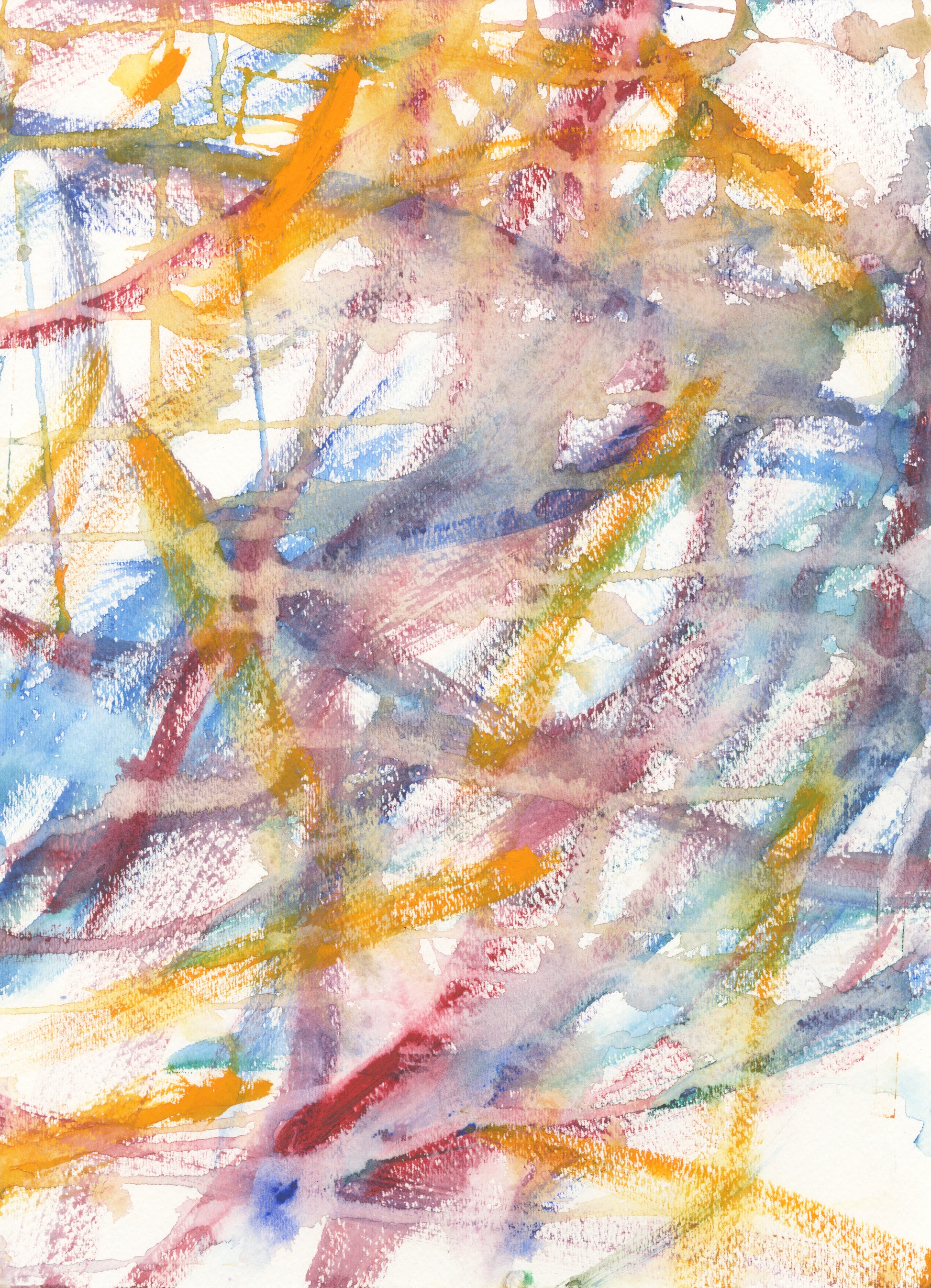 a colorful painting on a white piece of paper. The image is abstract and made with watercolor paint and pastel. Watery stripes in every color of the rainbow swirl around each other and intertwine, creating a net structure over the surface of the paper. Some of the painted stripes are textured by evaporating water, which resulted in speckled or drip patterns. 