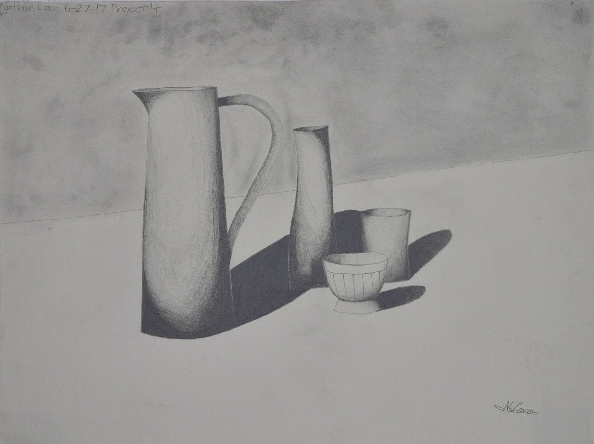 A realistic still-life drawing on white paper, made using graphite and charcoal. The image depicts a table with 4 vessels: 2 cups, a vase, and a tall pitcher. The items are a greyscale study of dimension and shading, drawn with a light source on the left resulting in long shadows that fall toward the right.