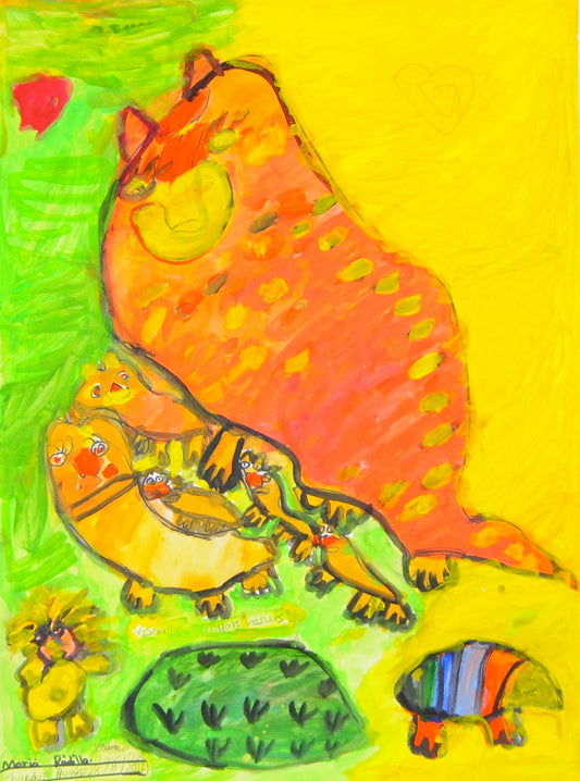 A painting of a large cat, mostly orange with yellow spots, nose and paws. The large cat snuggles five smaller cat-like animals of varying sizes. Two other animals - a rainbow-striped armadillo-type figure in the bottom right and an indeterminate animal in the bottom left share the warm, brightly colored scene.