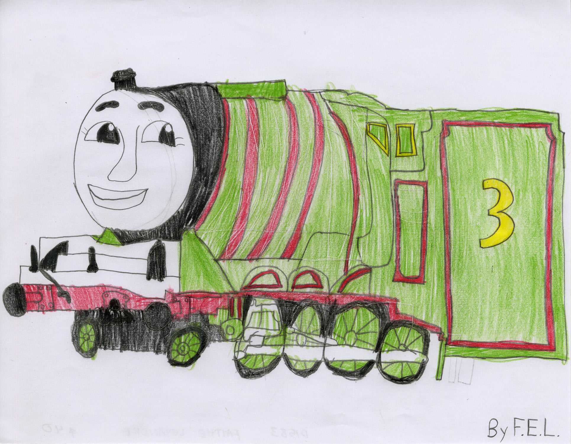 A colored pencil drawing on white paper. The image is of a personified old-fashioned train engine facing toward the left, based on a character from the children's series "Thomas the Tank Engine and Friends." This character has a round white face with big eyes and a smile. The body of the engine is colored green with red stripes. The number "3" is drawn in yellow on the side of the engine. The engine has many small round wheels lining its undercarriage.