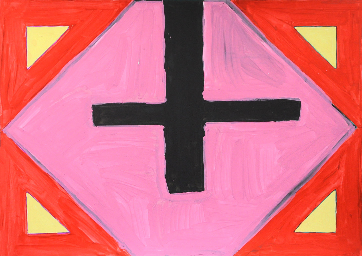 a painting of geometric shapes on paper. On each corner is a yellow triangle outlined in red. In the center is a large pink diamond with a black cross inside.