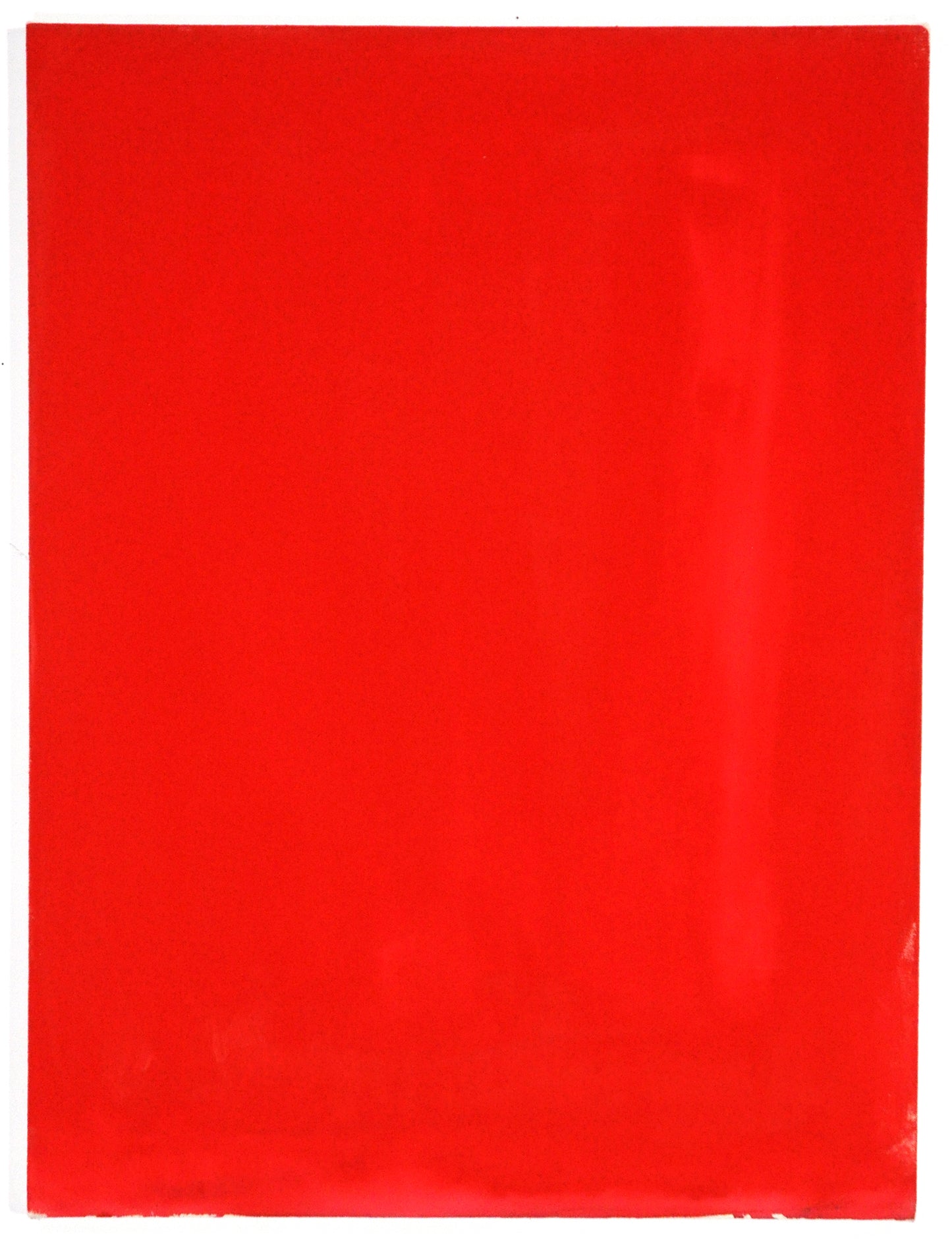 a monochromatic painting on a tall rectangular canvas. the entire surface is covered in a smooth layer of striking bright red paint.